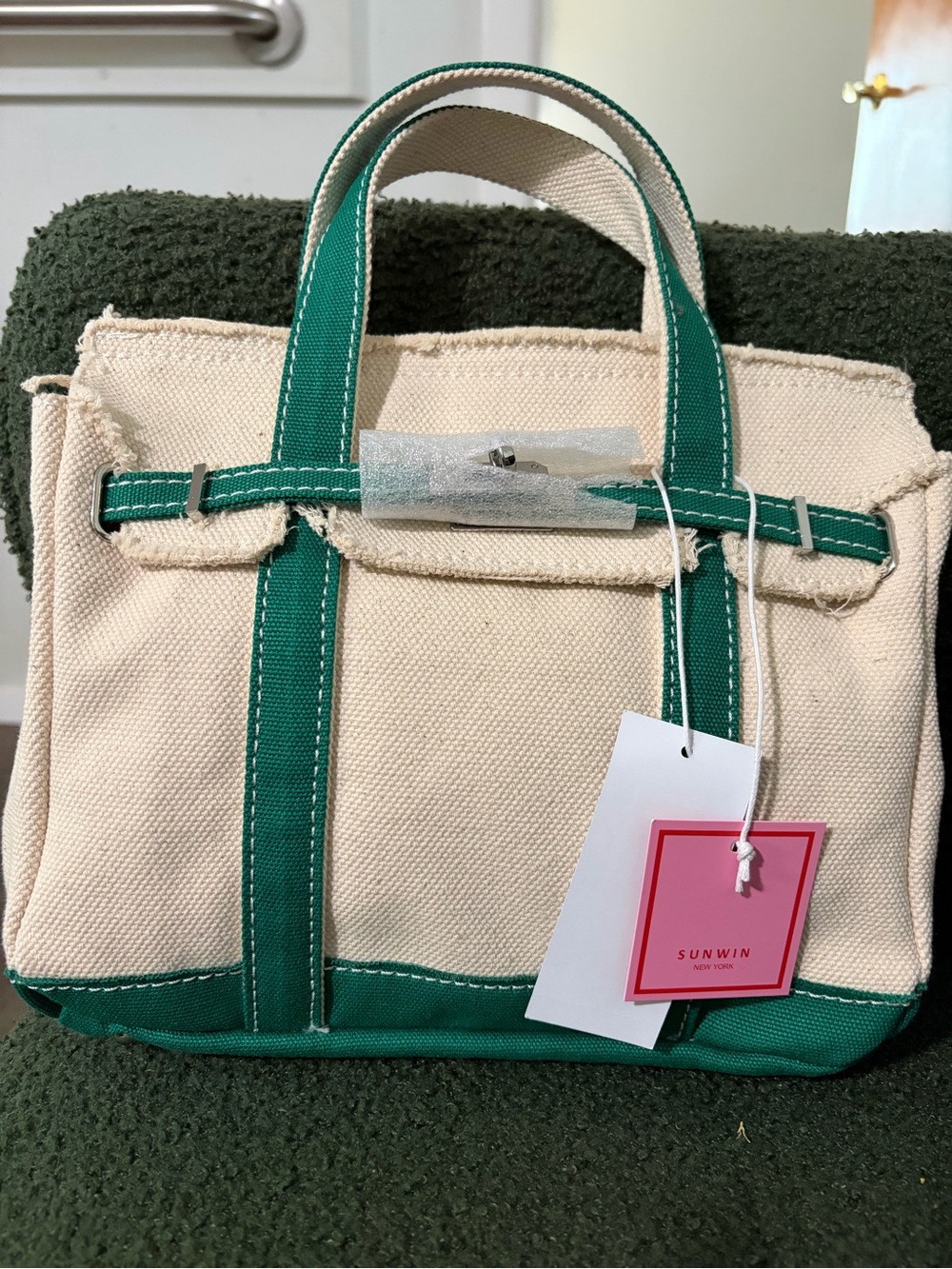 Canvas Tote Bag in Cream with Green Trim